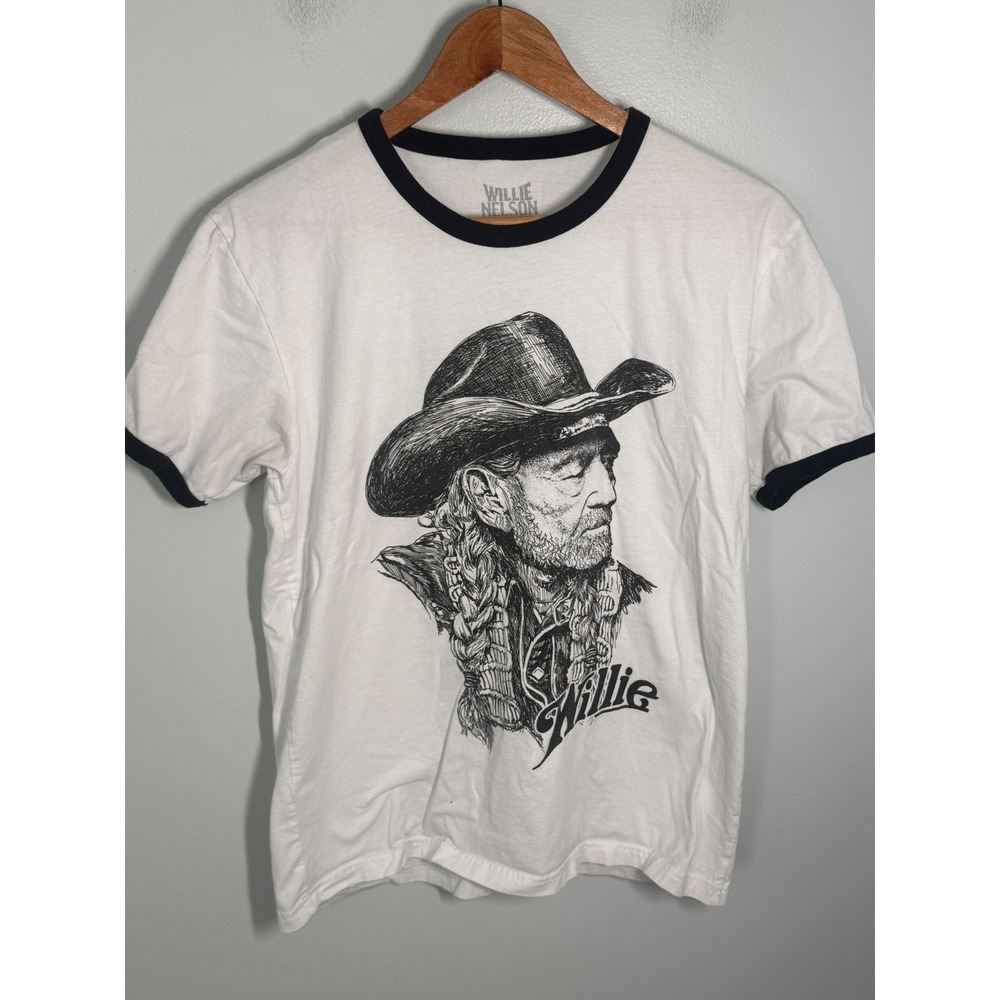 Willie Nelson and Family Tour 24 Ringer T-Shirt White Black Medium Concert Tee